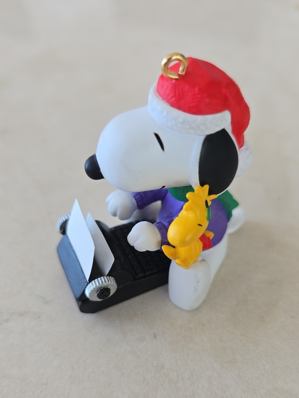 Peanuts Snoopy and Woodstock Typewriter Ornament with Santa Hat, Purple Sweater